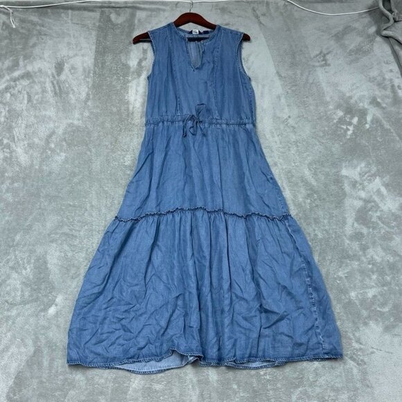 Lands End Lyocell Tiered Chambray Midi Dress Size M Lightweight a1539 - Picture 1 of 7